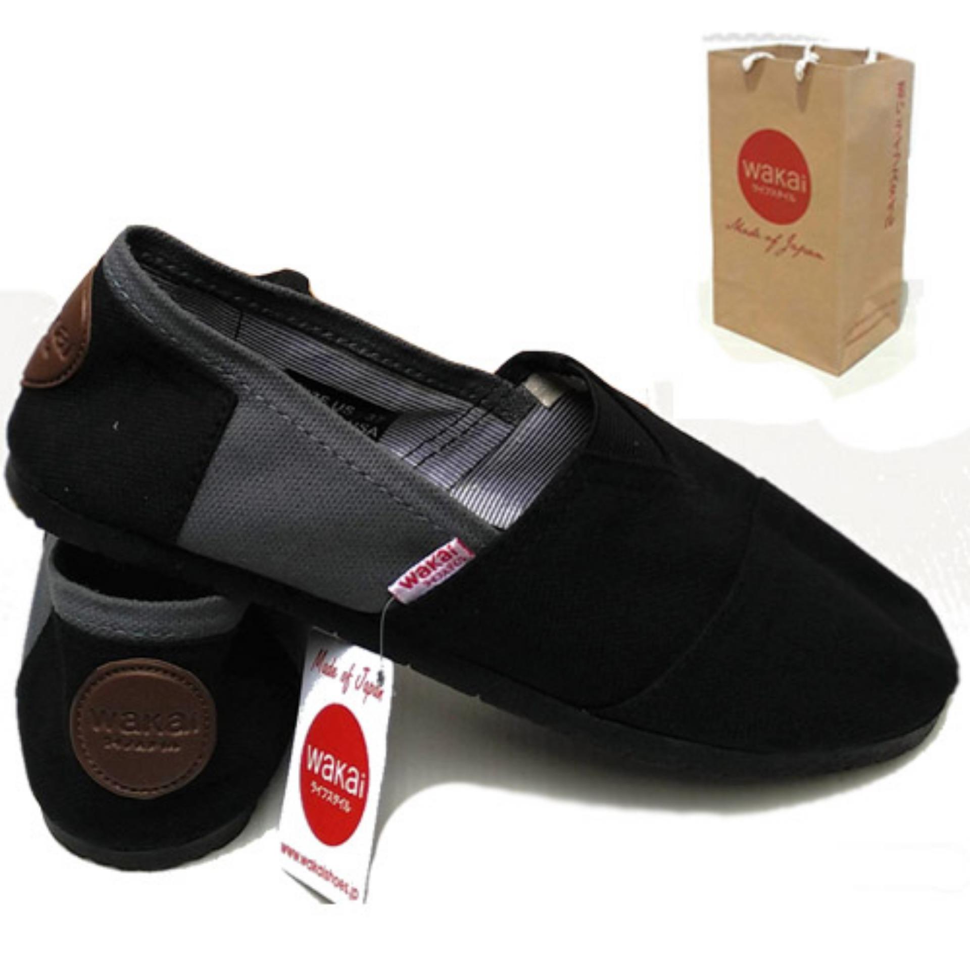 Sepatu unisex pria dan wanita wakai abu hitam, sepatu wakai pria slip on loafer sepatu wanita wakai
