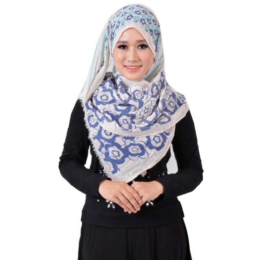 SHAWL LABUH CORAK BUNGA BESAR COTTON & VISCOSE EKSKLUSIF BIRU BEAUTY COME12586 - intl