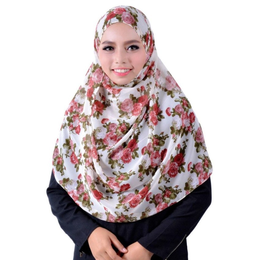 Selendang Standar Lily Sifon Corak Bunga Korea Gaya Eksklusif Putih Beauty COME12642-Internasional