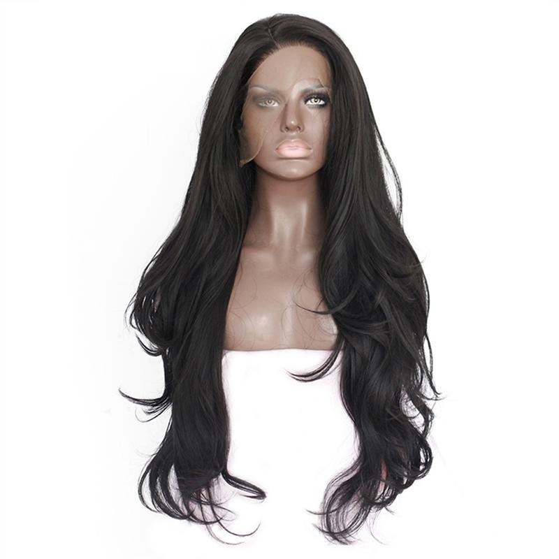 Sintetis Wig Hitam Panjang Curly Natural Lace Rambut Palsu Bagian Depan untuk Pesta & Harian-Intl