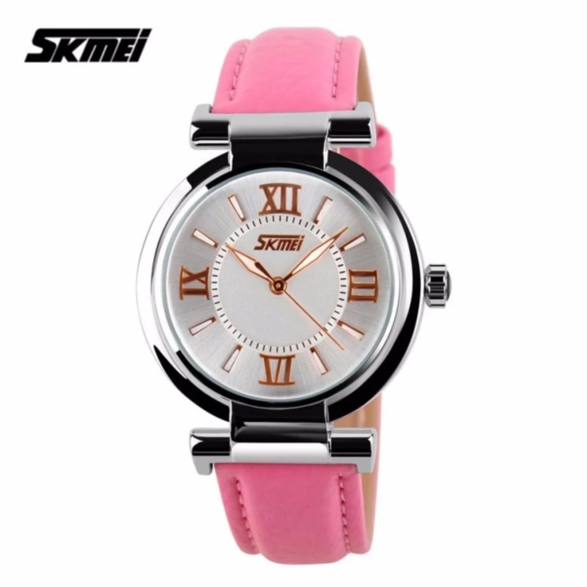 SKMEI 9075 Fahsion Wanita's Kulit Jam Tangan QUARTZ Watch Tahan Air Digital Arloji-Pink