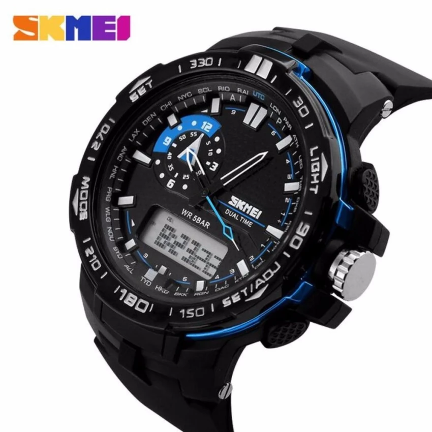 SKMEI Casio Dual Time Men Sport LED Watch Anti Air Water Resistant WR 30m AD1081 Jam Tangan Pria Tali Strap Karet Silicone Digital Analog Wristwatch Fashion Sporty Desain - Hitam Biru