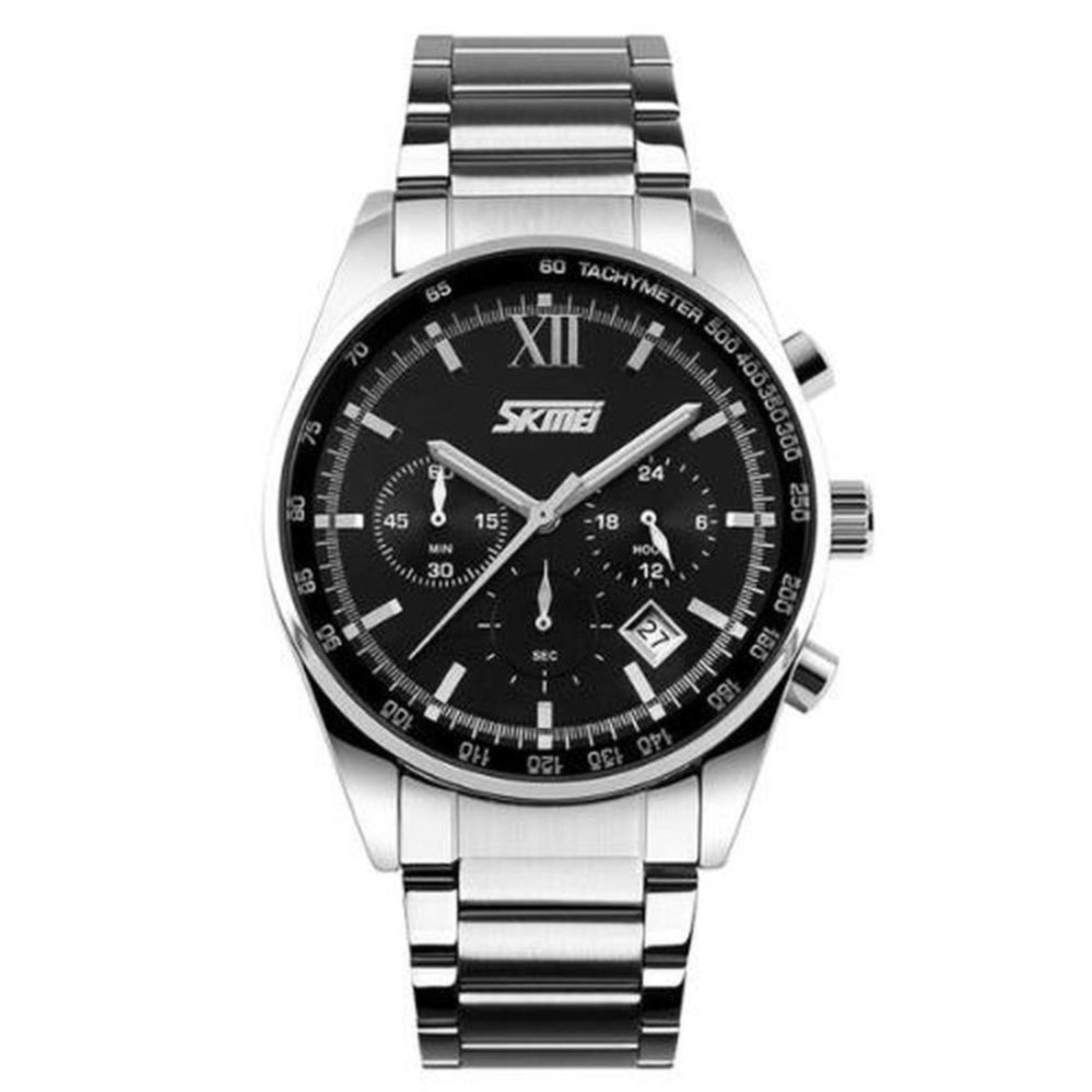 SKMEI Casual Men Stainless Strap Watch 9096CS Anti Air Water Resistant WR 30m Jam Tangan Pria Tali Besi Wrist Watch Wristwatch Formal Elegan Design - Silver Hitam 