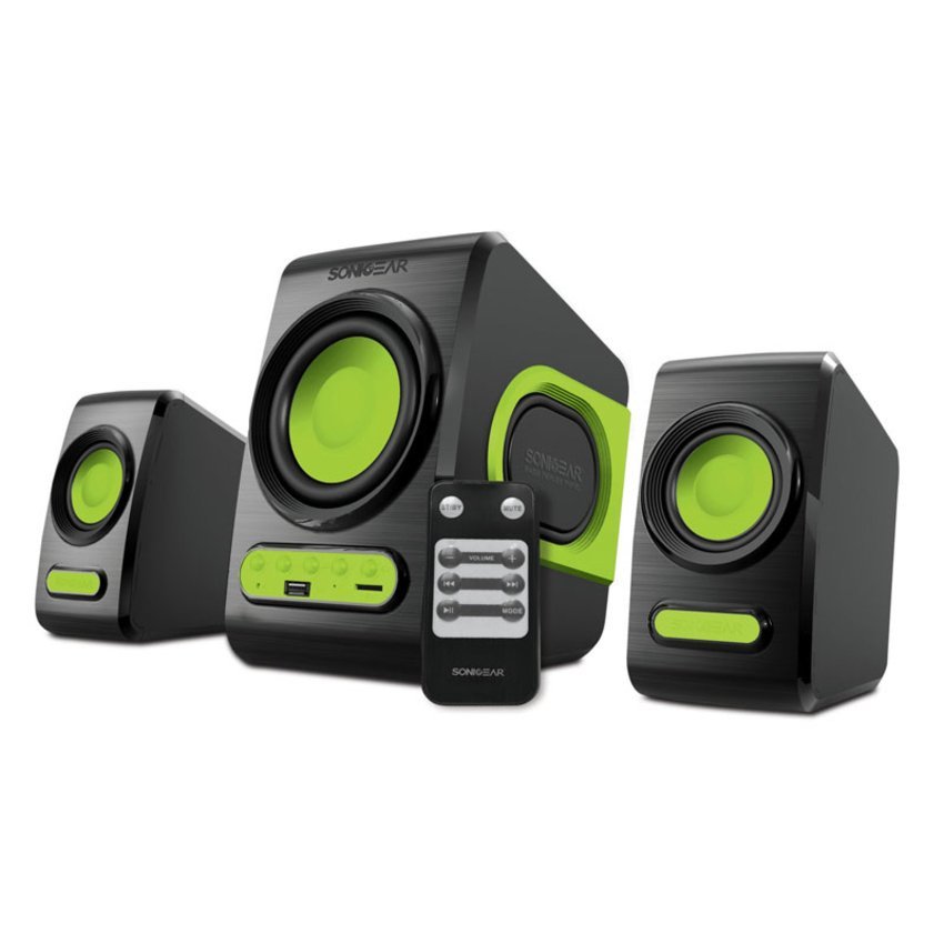 Sonic Gear Speaker 2.1 Quatro V Speakers Komputer Laptop Notebook Macbook Windows Kabel Aux Sonicgear Super Bass Slot USB SD Card Perlengkapan Audio Video Musik Lagu MP3 Portable Suara Jernih Ideal Unik Plus FM Radio dan Remote Control - Hijau