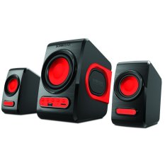 Sonic Gear Speaker 2.1 Quatro V Speakers Komputer Laptop Notebook Macbook Windows Kabel Aux Sonicgear Super Bass Slot USB SD Card Perlengkapan Audio Video Musik Lagu MP3 Portable Suara Jernih Ideal Unik Plus FM Radio dan Remote Control - Merah