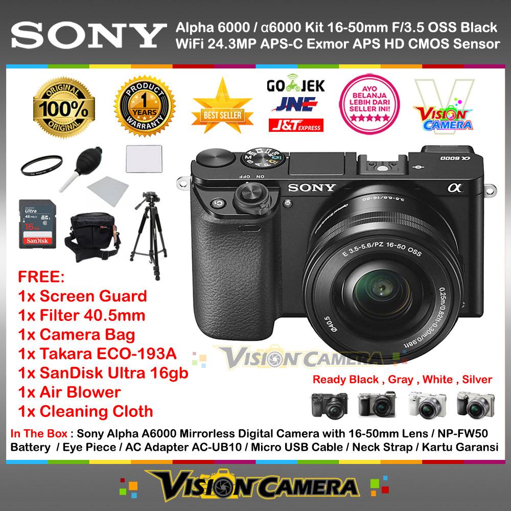 SONY Alpha 6000 16-50mm Lens Mirrorless Camera a6000 WiFi 24.3MP + Screen Guard + SanDisk Ultra 16gb + Filter 40.5mm + Air Blower + Cleaning Cloth + Camera Bag + Tripod Takara ECO-193A