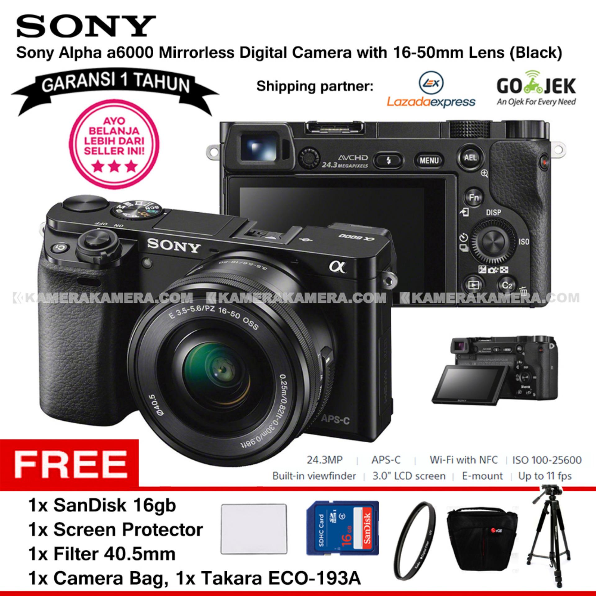 SONY Alpha 6000 Black with 16-50mm Lens Mirrorless Camera a6000 - WiFi 24.3MP Full HD (Garansi 1th) + SanDisk 16gb + Screen Guard + Filter 40.5mm + Camera Bag + Takara ECO-193A