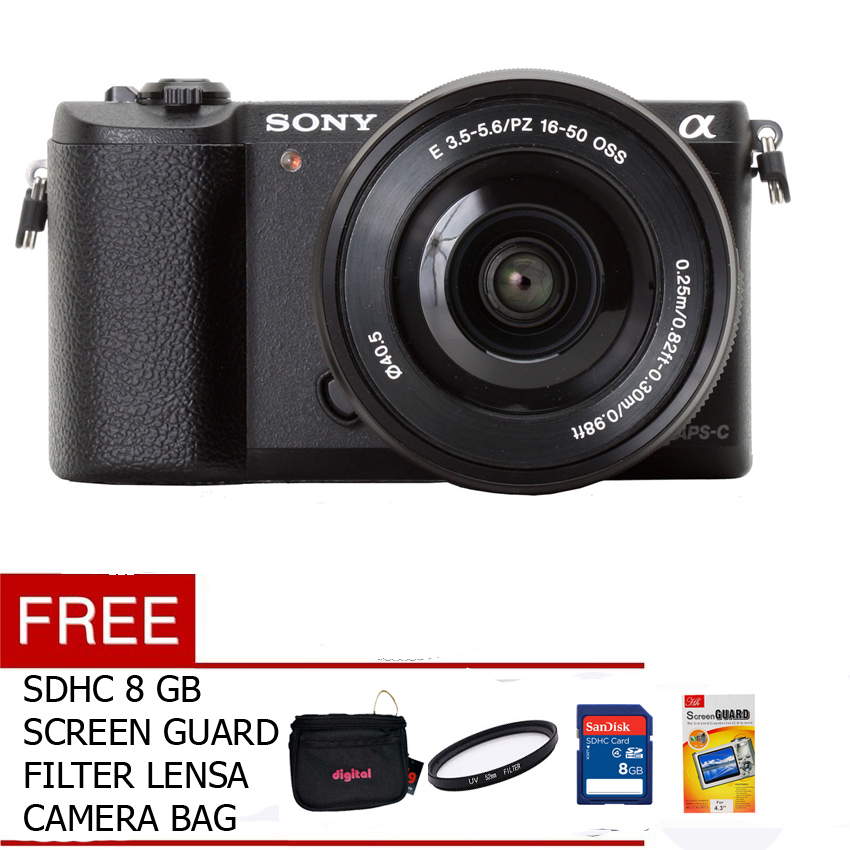 Sony Alpha A5100 Kit 16-50mm f/3.5-5.6 OSS Hitam + Gratis SDHC 8GB + Tas + UV Filter + Screen Guard