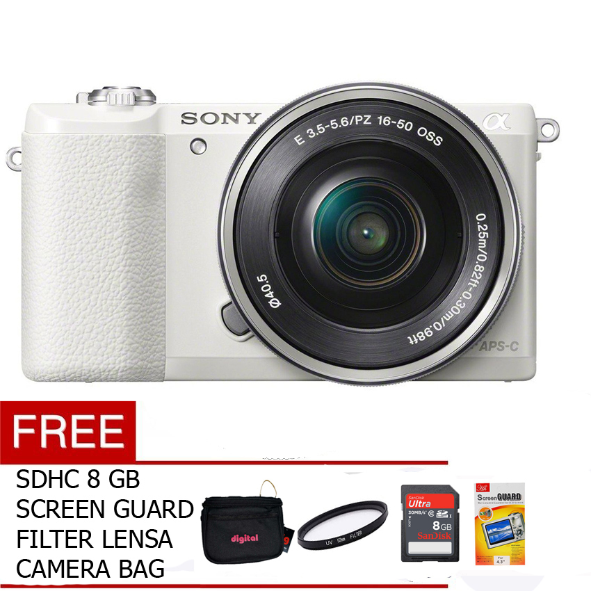 Sony Alpha A5100 kit 16-50mm f3.5-5,6 OSS Putih + Gratis SDHC 8 GB + Tas + Filter + Screen Guard