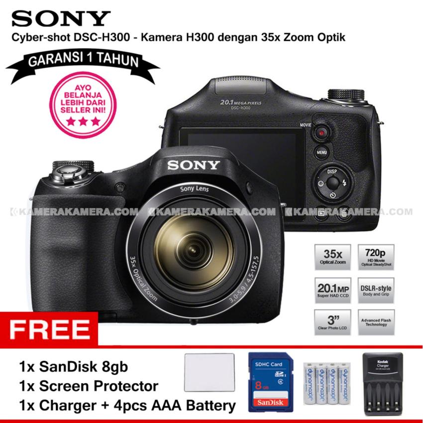 SONY Cyber-shot DSC-H300 Digital Camera H300 (Garansi 1th) 20.1MP 35x Zoom + SanDisk 8gb + Screen Protector + Charger + 4pcs AA Battery