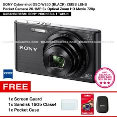 SONY Cyber-shot DSC-W830 (BLACK) ZEISS Lens Pocket Camera 20.1MP 8x Optical Zoom HD Movie 720p + Screen Guard + Sandisk 16Gb + Pocket Case