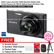 SONY Cyber-shot DSC-W830 (BLACK) ZEISS Lens Pocket Camera 20.1MP 8x Optical Zoom HD Movie 720p + Screen Guard + Sandisk 16Gb + Pocket Case + Takara ECO-173A