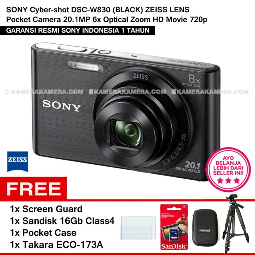 SONY Cyber-shot DSC-W830 (BLACK) ZEISS Lens Pocket Camera 20.1MP 8x Optical Zoom HD Movie 720p + Screen Guard + Sandisk 16Gb + Pocket Case + Takara ECO-173A