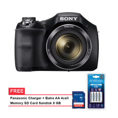 Sony Cybershot DSC-H300 - 20.1 MP - 35x Optical Zoom - Hitam + Gratis SD Card 8GB + Panasonic Recharger Batre AA4 cell