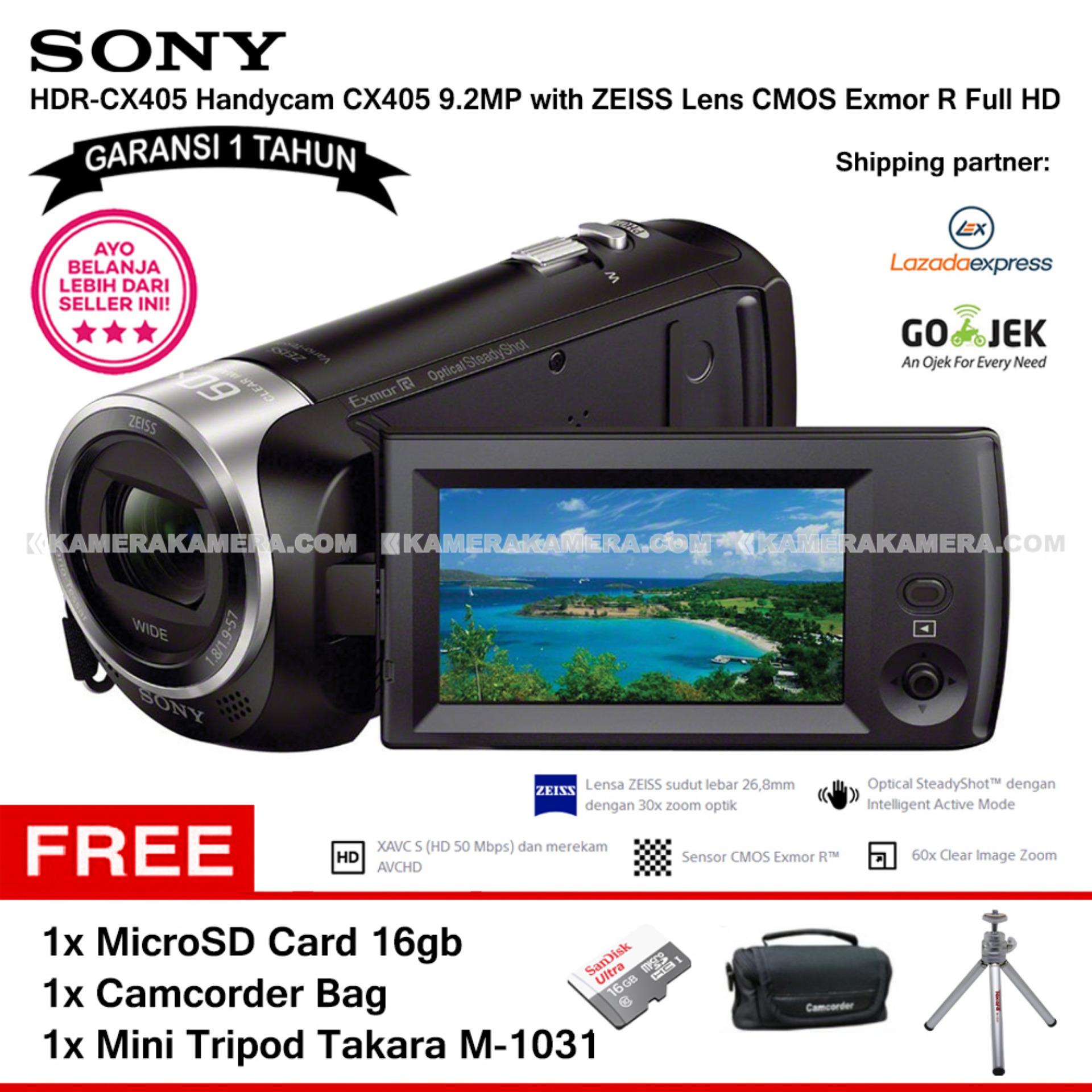 SONY HDR-CX405 Handycam CX405 9.2MP with ZEISS Lens CMOS Exmor R Full HD (Garansi 1th) + MicroSD Card 16gb + Camcorder Bag + Mini Tripod Takara M-1031
