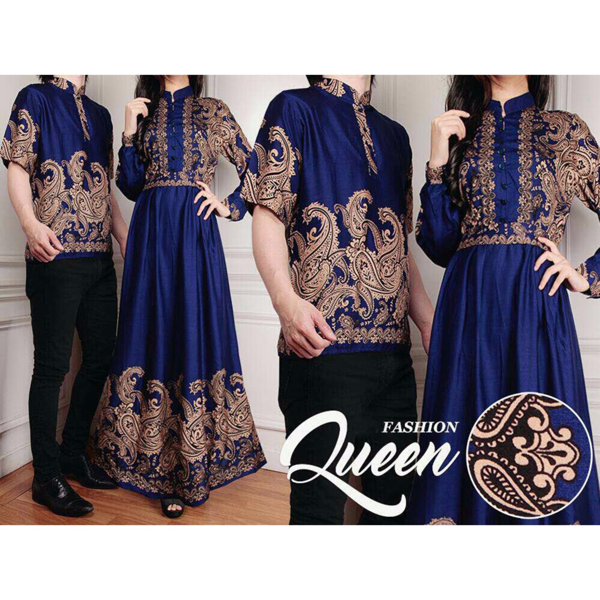 SR Collection Couple Batik Muslim Pria Wanita Queeny - Biru