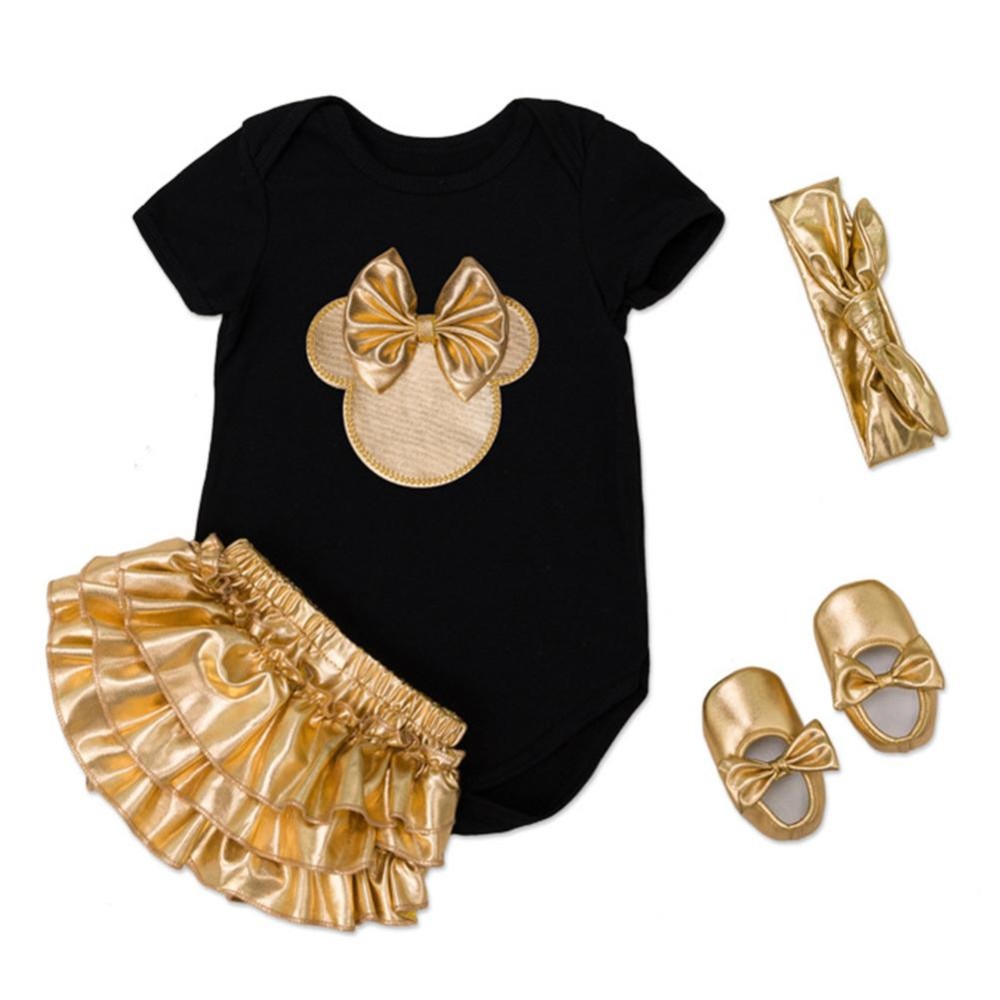 BINTANG 4 Pcs/set Anak Perempuan Bayi Baru Lahir Lembut Jumpsuit Katun Set Lengan Pendek Jumpsuit Romper + Emas Lipat Dress + Hairband + Sepatu Emas- internasional