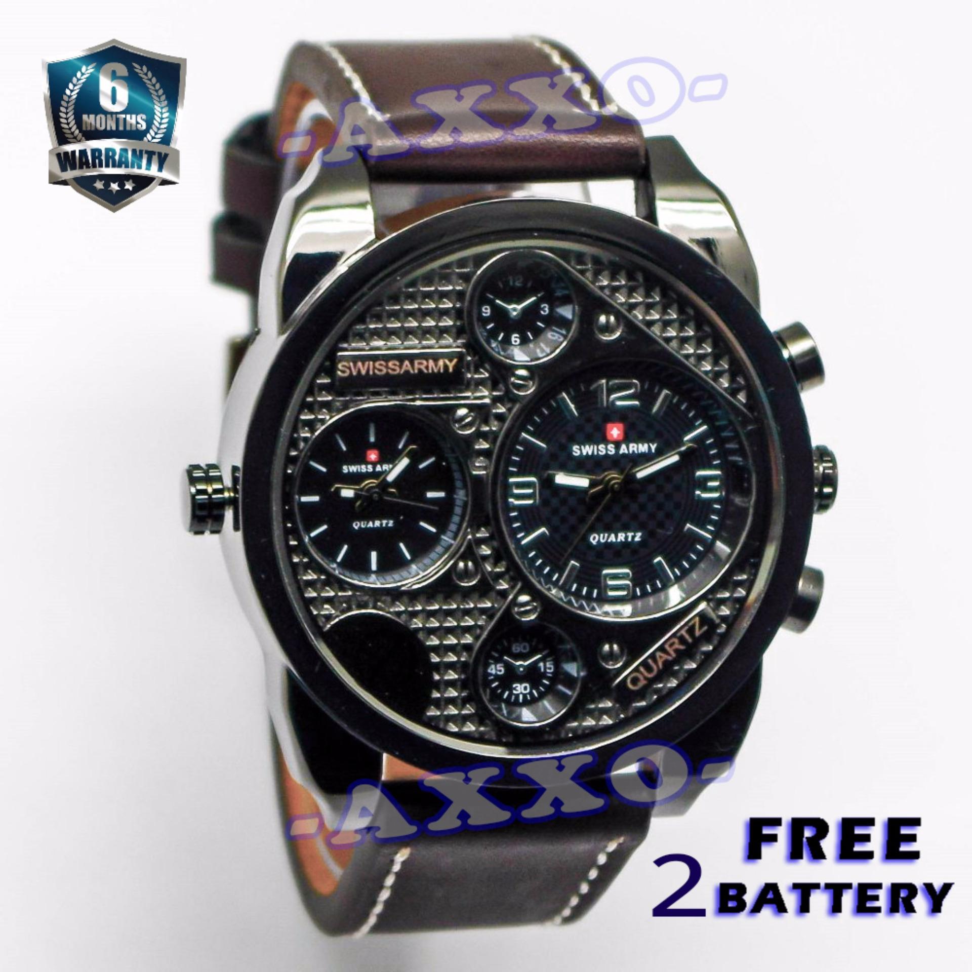 Jam Tangan Swiss Army Pria Original Swiss Army Dual Time Jam Tangan Pria Coklat Tua Strap Kulit SA