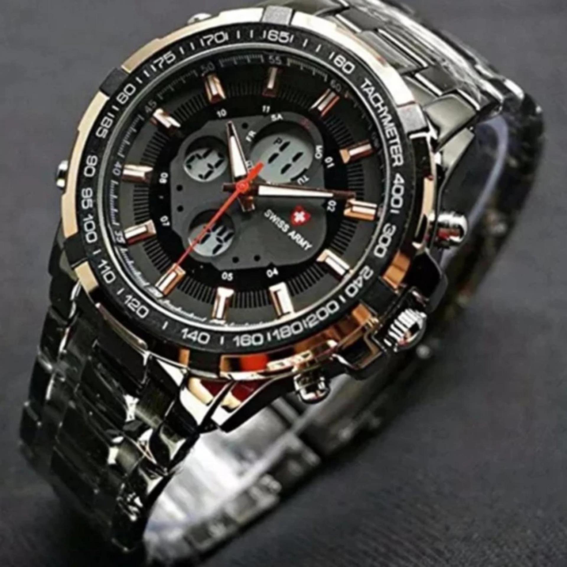 Swiss Army Indigo Dual Time Jam Tangan Pria Rantai Stainless Steel SA4354Z Terbaru