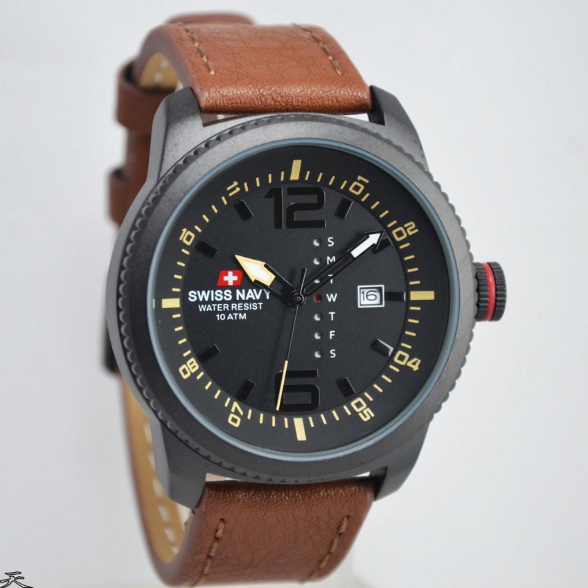 Swiss Army Sa6648m Jam Tangan Pria Chrono Strap Kulit Coklat Tua Swiss Navy Jam Tangan Pria SN110 DS Strap Kulit