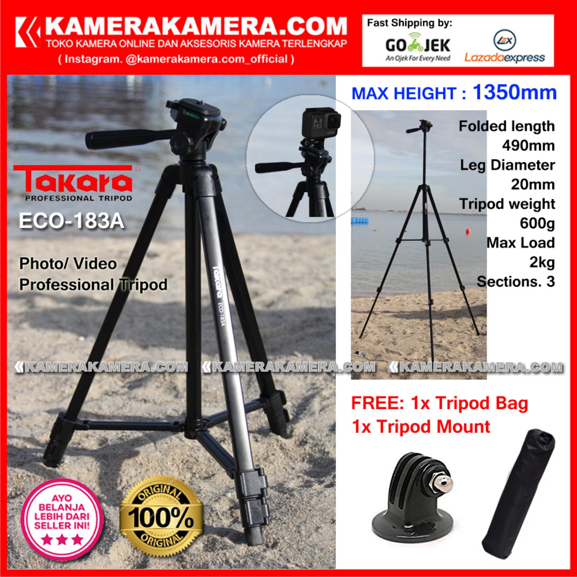 TAKARA ECO-183A Photo / Video Professional Tripod ECO 183A - Max Height 1350mm Free Tripod Bag + Tripod Mount for DSLR Mirrorless Camera Canon Nikon Sony Fujifilm Panasonic and Action Camera GoPro Brica Xiaomi Yi Kogan and SmartPhone iPhone Samsung