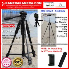 TAKARA ECO-196A Photo / Video Professional Tripod ECO 196A - Max Height 1450mm Free Tripod Bag + ATTanta Holder U for DSLR Mirrorless Camera Canon Nikon Sony Fujifilm Panasonic and Action Camera GoPro Brica Xiaomi Yi Kogan and SmartPhone iPhone Samsung