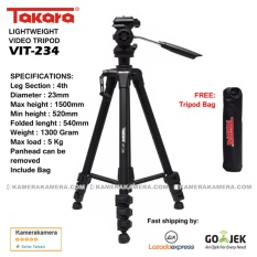 Takara Lightweight Video Tripod VIT-234 with Tripod bag for DSLR Mirrorless Canon Nikon Sony Fujifilm Panasonic and Action Camera GoPro Brica Xiaomi