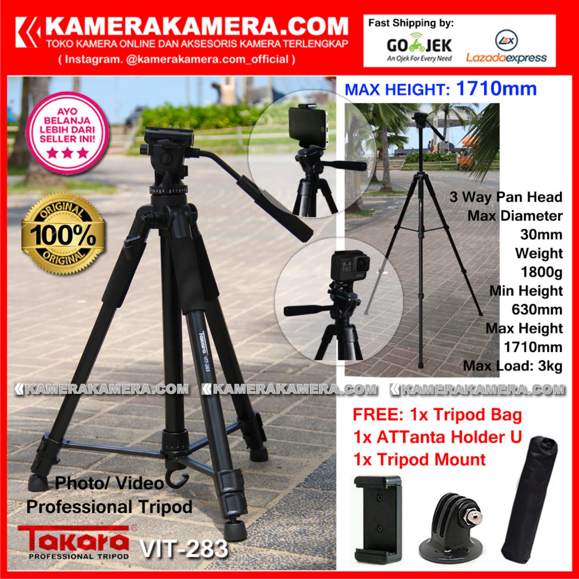 TAKARA VIT-283 Photo / Video Professional Tripod VIT 283 Max Height 1710mm Free Tripod Bag + ATTanta Holder U + Tripod Mount for DSLR Mirrorless Camera Canon Nikon Sony Fujifilm and Action Camera GoPro Brica Xiaomi Yi and SmartPhone iPhone Samsung