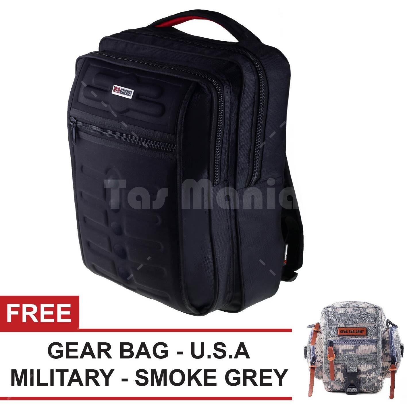 Tas Ransel Gress Emboss Tas Laptop Backpack - Hitam + FREE Tas Selempang U.S.A Military - Smoke Grey Tas Pria Tas Kerja Tas Messenger Tas Slempang Tas Fashion Pria