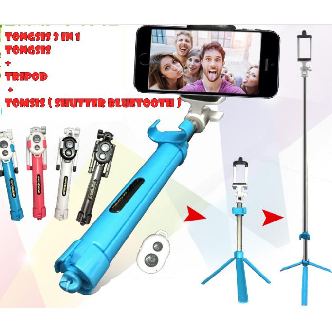 Tongsis 3 In 1 - Tongsis Tripod - Bluetooth Shutter-Biru