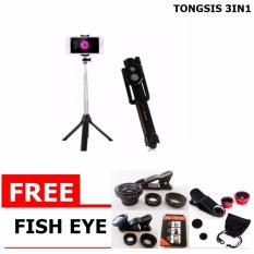 Tongsis 3 in 1 With Bluetooth + Tripod Selfie Stick + Gratis Fish Eye Lensa Super Wide Clip Lens 3 in 1