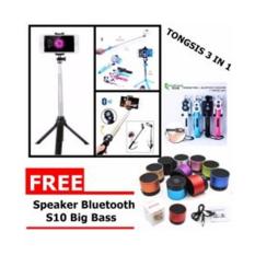 Tongsis Multi Function Build In Tripod Selfie Stick With Bluetooth Extendable Folding Stick for Iphone Smartphone + Speaker Bluetooth S10 Big Bass