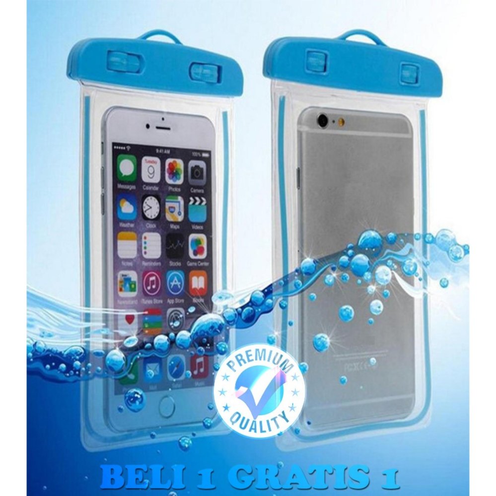 Trend's Premium High Quality Waterproof Case For iPhone / Samsung / Xiaomi / LG / Sony / Lenovo / Asus / Clear Pouch Case For Smartphone - Biru + Beli 1 Gratis 1