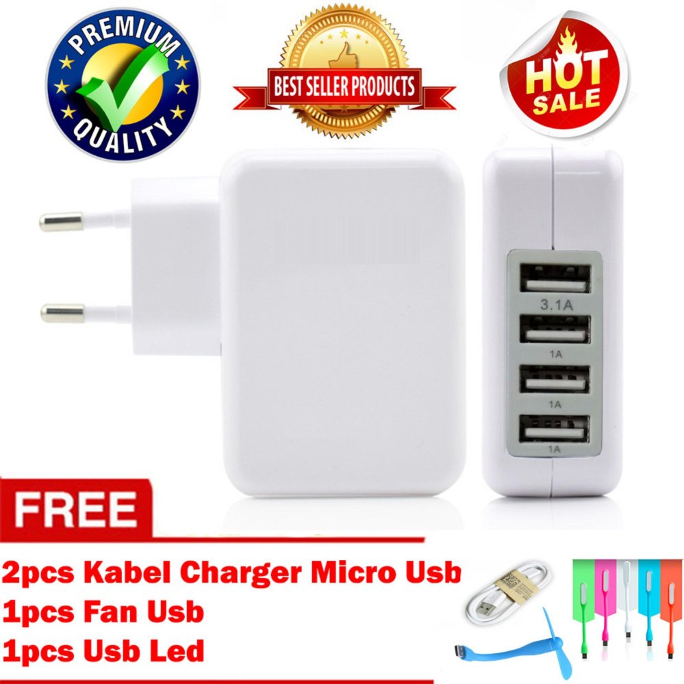 Trend's Wall Charger Adapter 5,1 Ampere 4 Port USB Premium Quality For Smartphone / Tablet / Ipad - Putih + Gratis Usb Led + Fan Usb + 2pcs Kabel Charger Micro Usb Trend's Wall Charger Adapter 5,1 Ampere 4 Port USB Premium Quality For Smartphone / Tablet / Ipad - Putih + Gratis Usb Led + Fan Usb + 2pcs Kabel Charger Micro Usb
