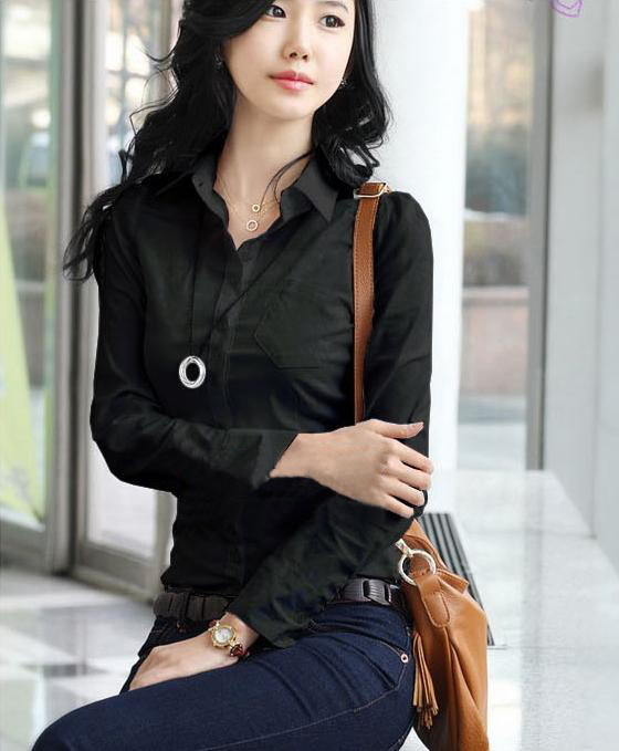 Tri-kancing Depan Ruched Kembali Wanita Lengan Panjang Slim Black Blus-Intl