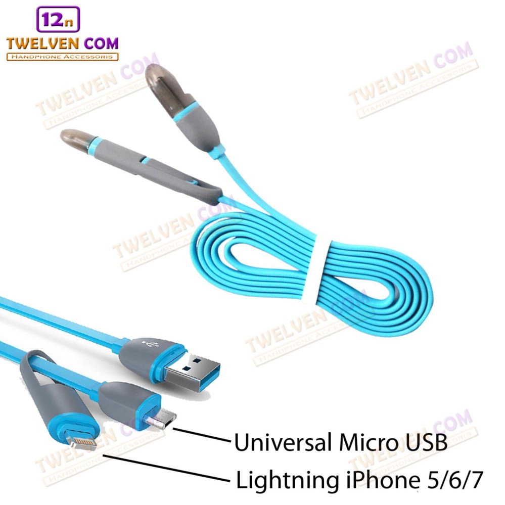 Twelven Kabel Data Multifungsi 2 IN 1 - Iphone 5 & Android / Microusb to Lightning - Biru