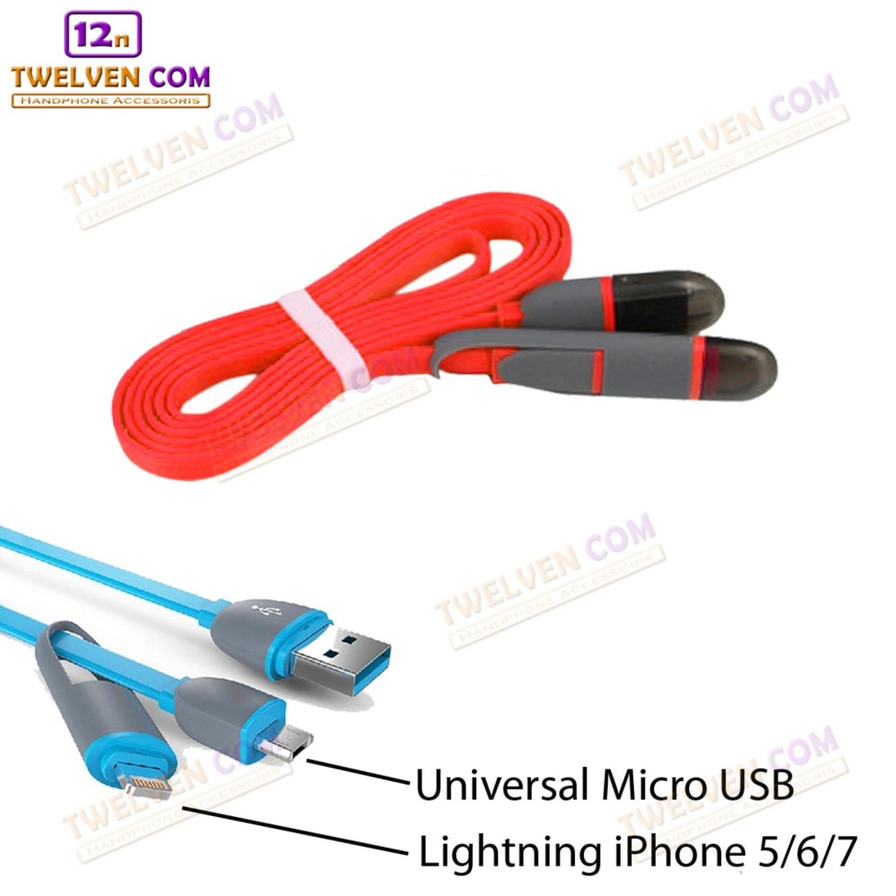Twelven Kabel Data Multifungsi 2 IN 1 - Iphone 5 & Android / Microusb to Lightning - Merah