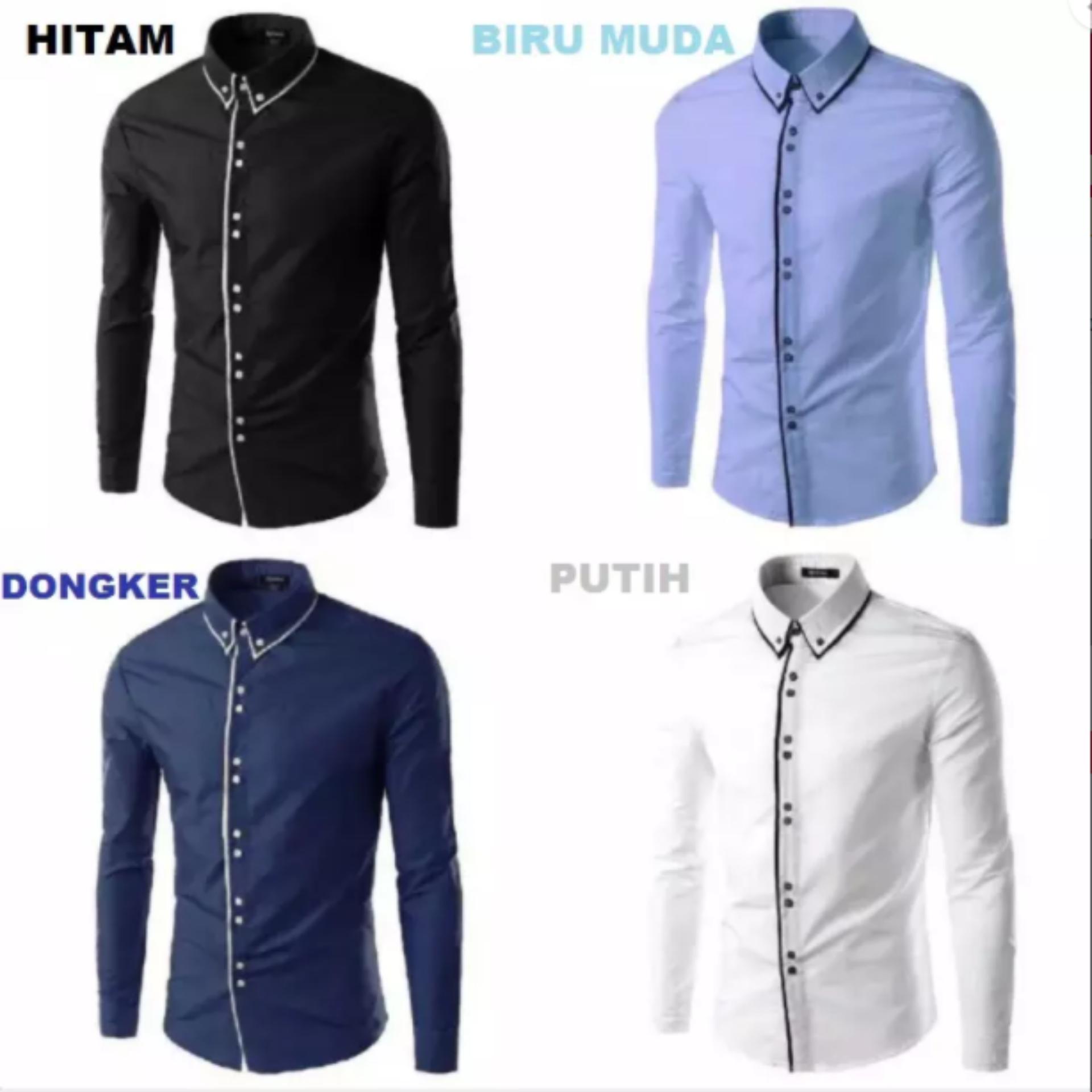 TwoLine Blue Pakaian / Baju / Kemeja / Hem Untuk Pria / Cowok Lengan Panjang Bahan Katun Stretch Buat Kerja Kantor Casual / Kasual / Formal Slimfit / Bodyfit / Slim Body Fit Biru Polos Harga Grosir Murah