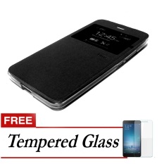 Ume Leather Flip Cover untuk Xiaomi Redmi Note 3/ Redmi Note 3 Pro - Hitam + Gratis Tempered Glass
