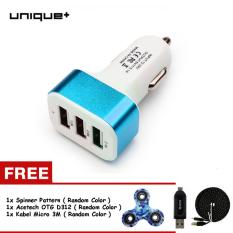 uNiQue Car Charger Mobil USB 3-Port PU-723 Biru Untuk Handphone Smartphone Samsung Iphone Oppo Xiaomi FREE SPINNER PATTERN + OTG D312 + KABEL MICRO USB 3M