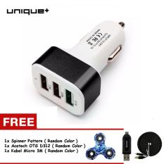 uNiQue Car Charger Mobil USB 3-Port PU-723 Hitam Untuk Handphone Smartphone Samsung Iphone Oppo Xiaomi FREE SPINNER PATTERN + OTG D312 + KABEL MICRO USB 3M