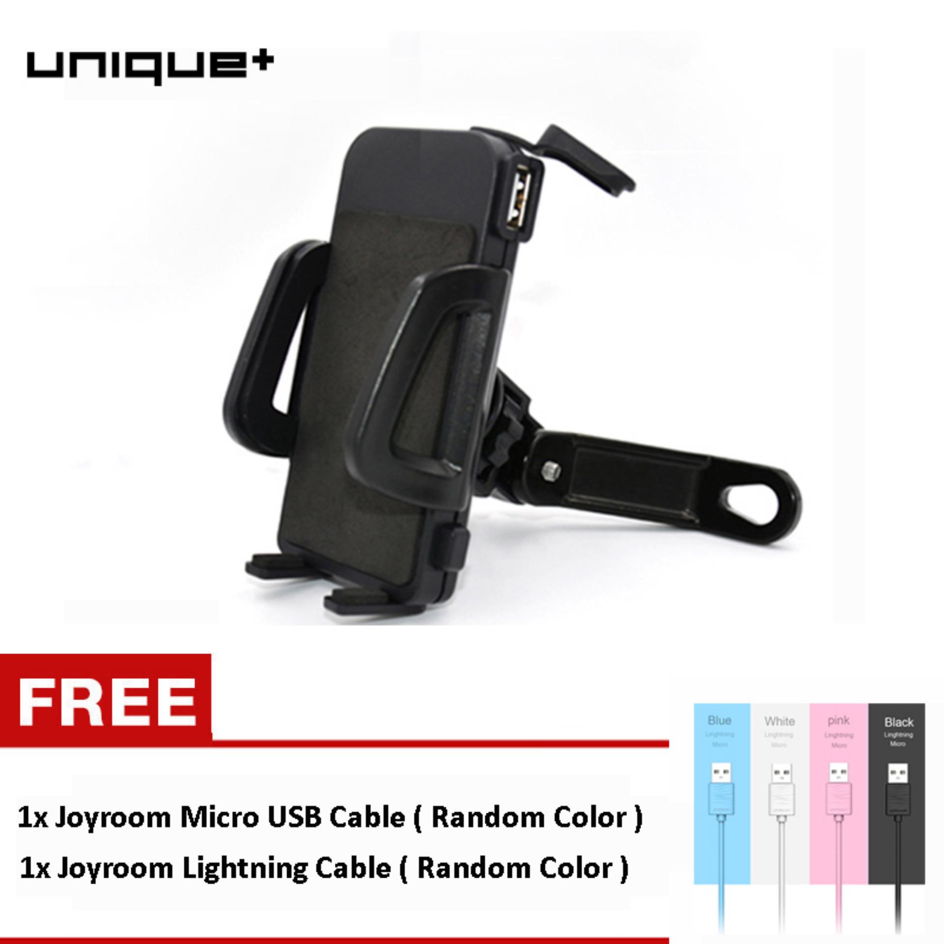 uNiQue Holder Motor With USB Charger Smartphone for Motorcycle - Spion Holder Motor Charger Aki Untuk Vario Mio JUpiter MX Hitam FREE KABEL MICRO USB AND LIGHTNING KABEL JOYROOM S-118 RANDOM COLOR