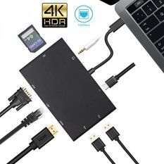 USB-C untuk 4 K HDMI + VGA + RJ45 LAN Ethernet Gigabit + Pembaca Kartu + Audio Konektor + 2 USB3.0 + Power Pengiriman-luckydiy Premium 8-in-1 Tipe-c Adaptor untuk MacBook/ Chromebook/matebook/lebih-Intl