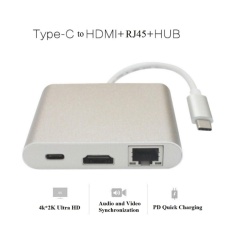 USB-C Ke HDMI + PD + RJ45 + USB3.0 Adaptor, Dukungan 100 MbpsEthernet, PD Pengisian Cepat dan 4 K Ultra HD Video Output untuk Baru MAC Buku, Chromebook dan Matebook dan Sebagainya-Internasional