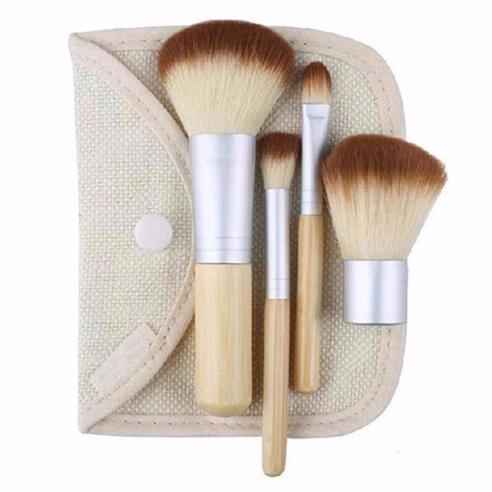 Vienna Linz Kuas Make Up Bambu Cosmetic Brush Professional 4 Pcs Makeup Set Kit Tool Brushes Super Soft Pouch Peralatan Kecantikan Wanita Profesional Bulu Halus Lembut Tidak Cepat Rontok Lengkap Beauty Face - Beige