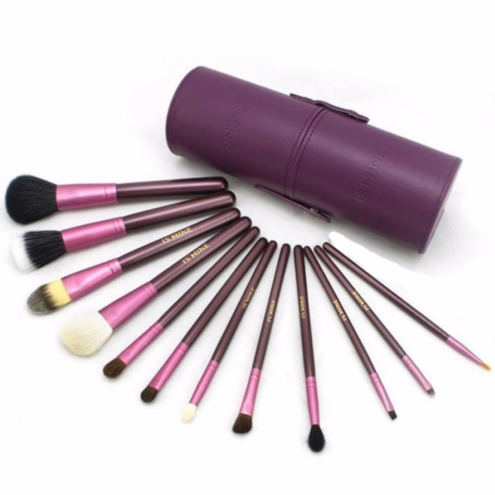 Vienna Linz Kuas Make Up Cosmetic Brush Professional 12 Pcs with Round Case Makeup Set Kit Tool Brushes Super Soft Pouch Bag Tas Bentuk Tabung Kosmetik Peralatan Kecantikan Wanita Profesional Bulu Halus Lembut Beauty Face - Ungu