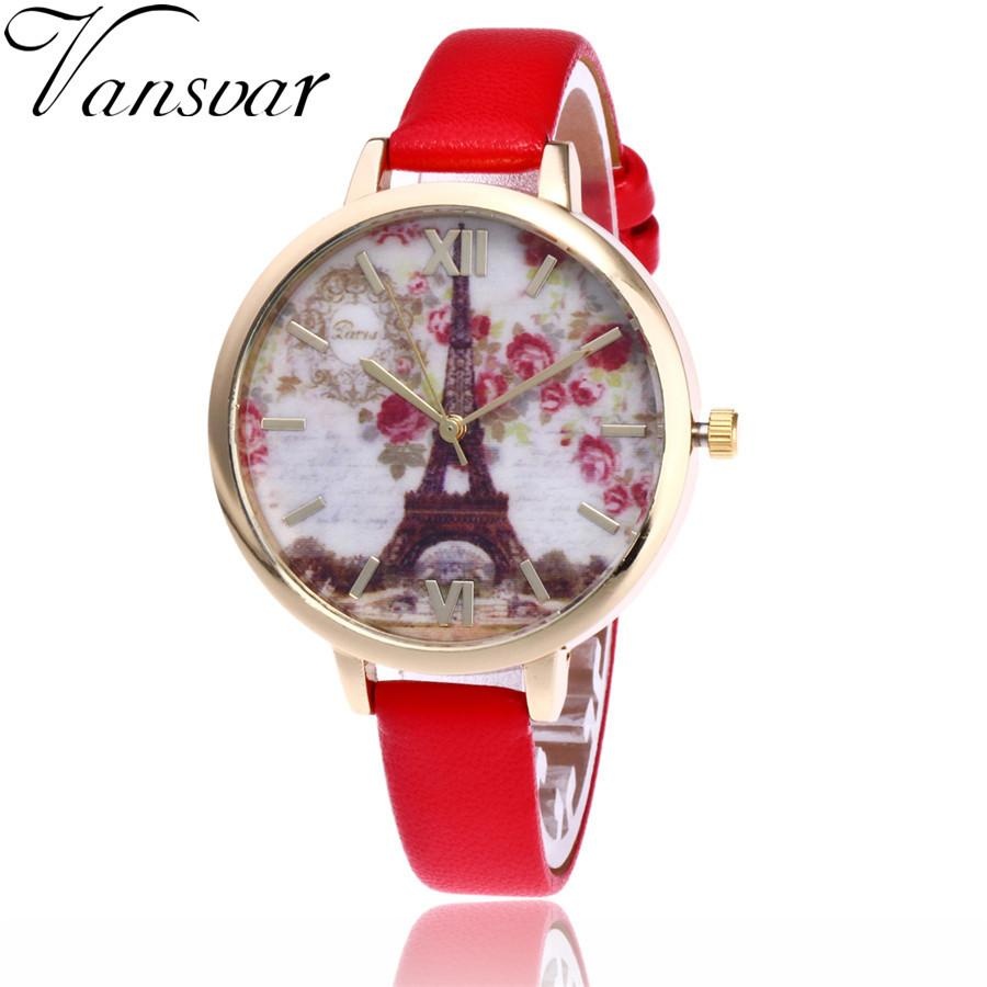 Vintage Paris Menara Eiffel Wanita Busana Jam Tangan Kristal Kuarsa Kulit Jam Tangan-Intl