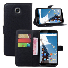 Vococal PU Pelindung Kulit Flip Case Cover With Dudukan And Kartu Slot For Motorola Google Nexus 6 XT1103 Lengkeng Stria (hitam) -Internasional