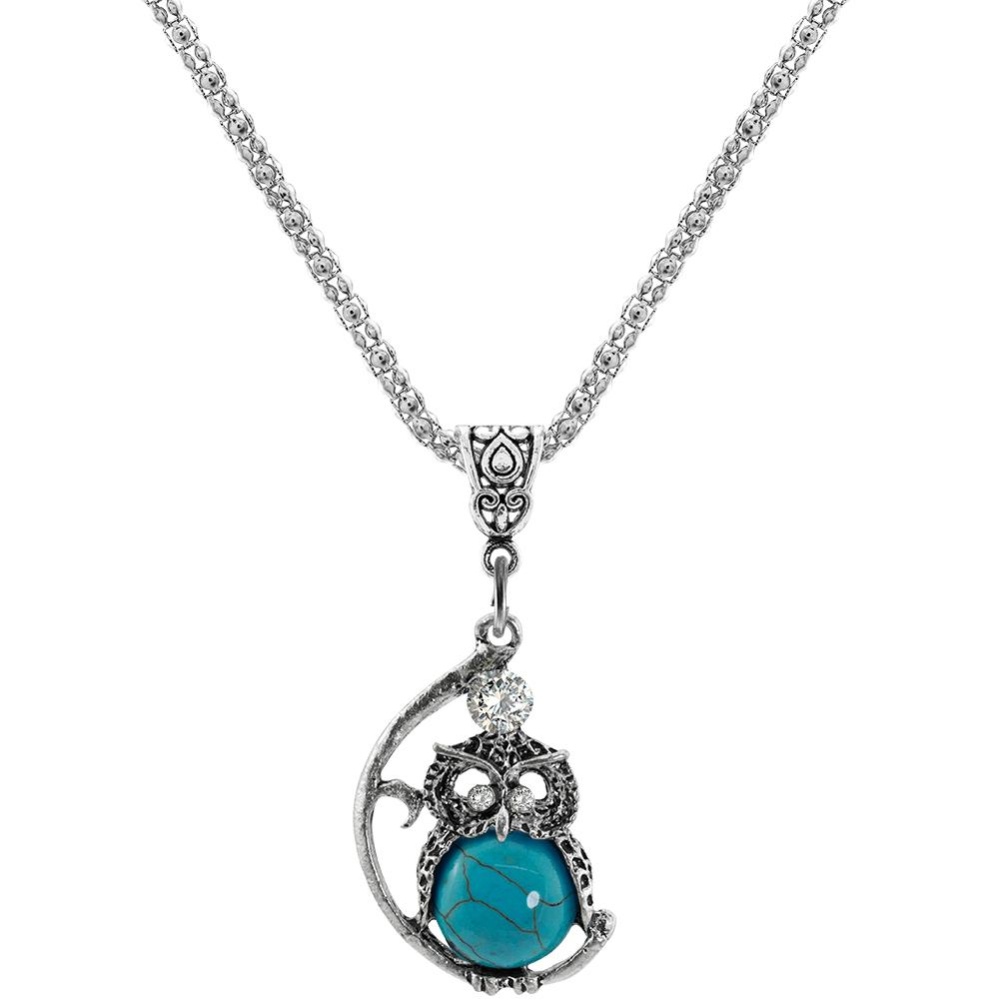 Wanita Owl Perhiasan Set Batu Alam Pendant Kalung Anting Antik Paduan Berlapis Perak Rantai Hadiah Warna: PDZ-L21 Kalung