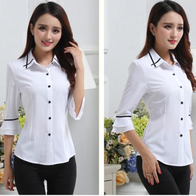 Women's Flared 1/2 Lengan Putih Chiffon Blus dengan Garis-garis Hitam Detail-Internasional